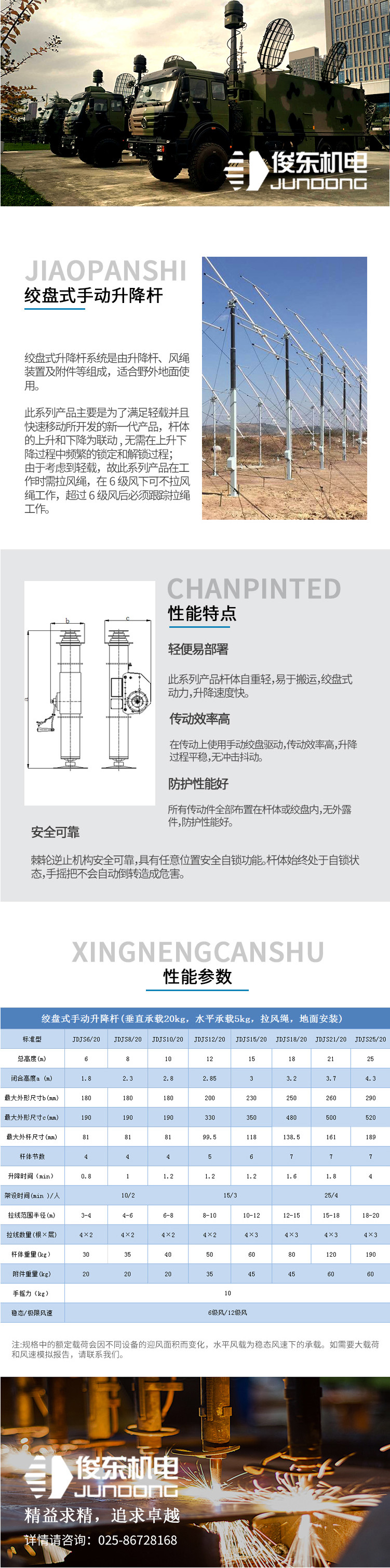 绞盘式手动升降杆(垂直承载20kg,水平承载5kg,拉风绳,地面安装)