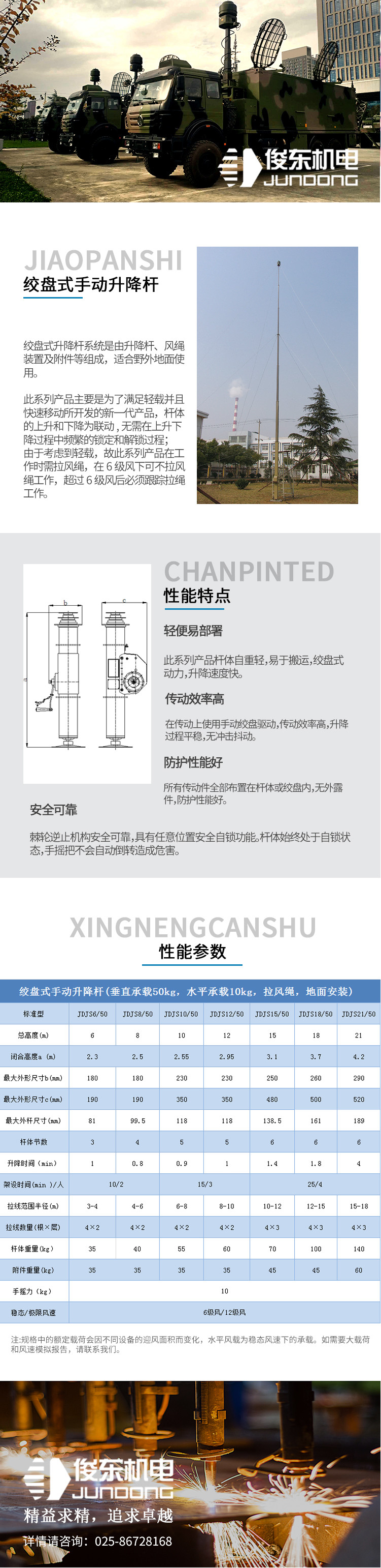 绞盘式手动升降杆(垂直承载20kg，水平承载5kg，拉风绳，地面安装)